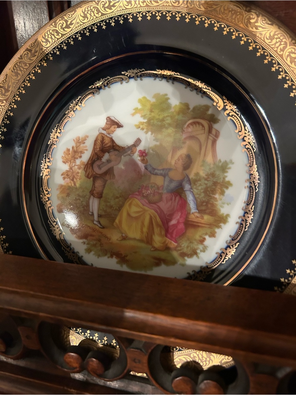 Limoges Cobalt Blue and Gold Porcelain Plate with Pastoral Couple Scene